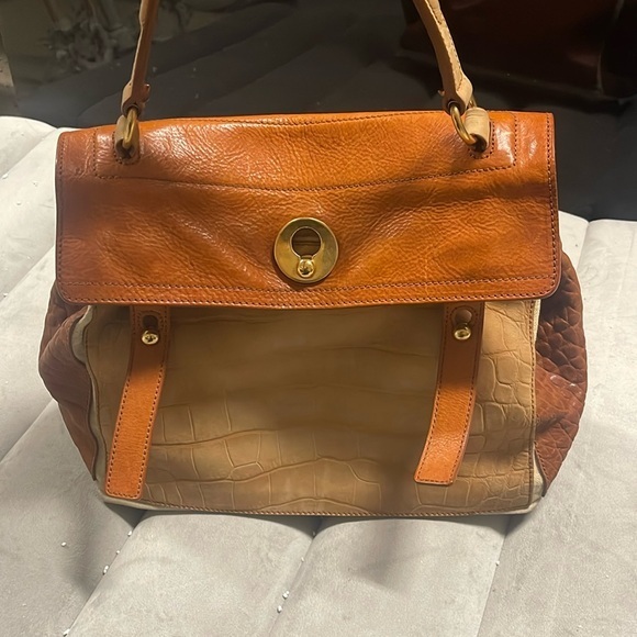 Vintage YSL MUSE TWO in TAN LEATHER and CANVAS BAG BORSA SAC